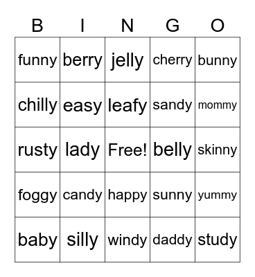 Long E Spelled with -Y Bingo Card