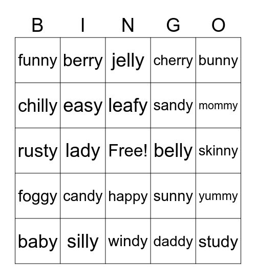 Long E Spelled with -Y Bingo Card