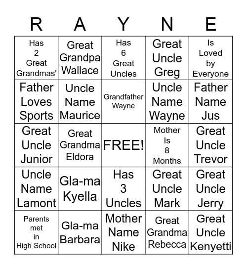 RAYNE Bingo Card