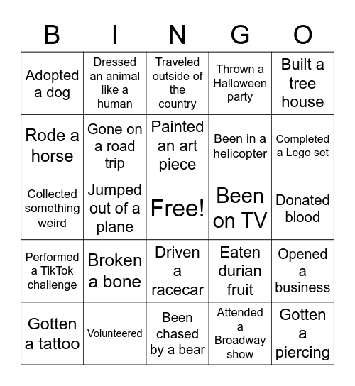 Have you ever? Bingo Card