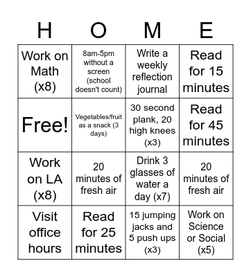 Quarantine Activity Bingo Card