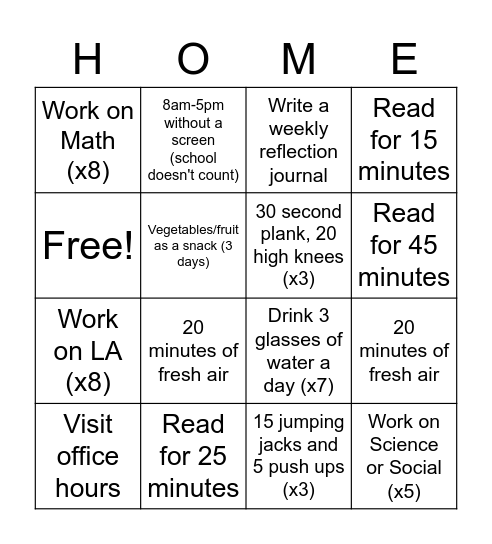 Quarantine Activity Bingo Card