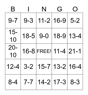Valentine's Subtraction Bingo Card