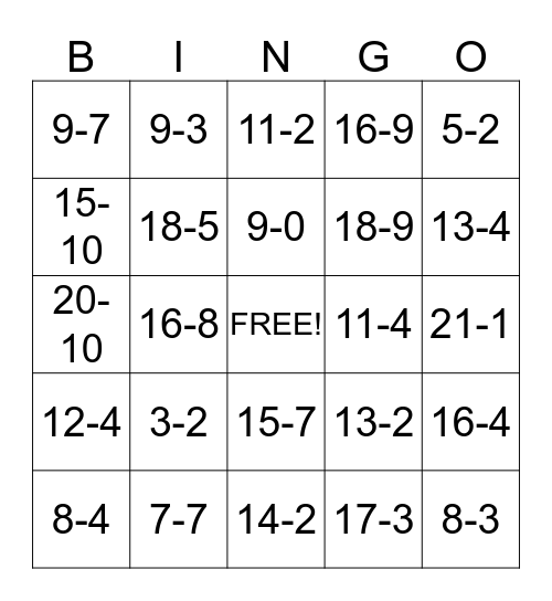 Valentine's Subtraction Bingo Card