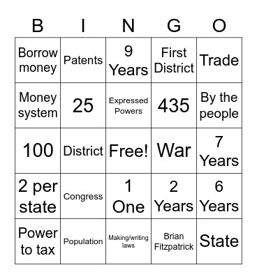 Legislative Branch Bingo Card