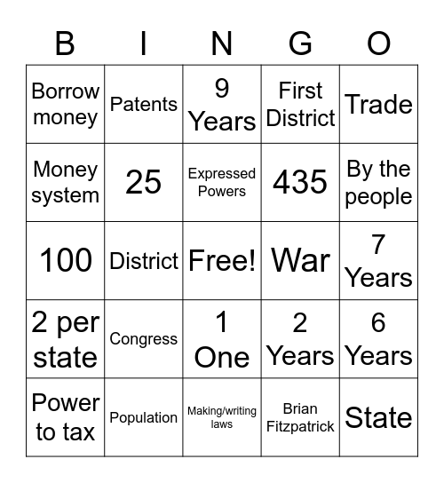 Legislative Branch Bingo Card