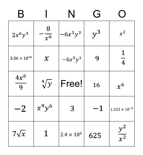 Exponent Bingo Card