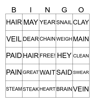 ea, ey, ei, ay, ai Bingo Card
