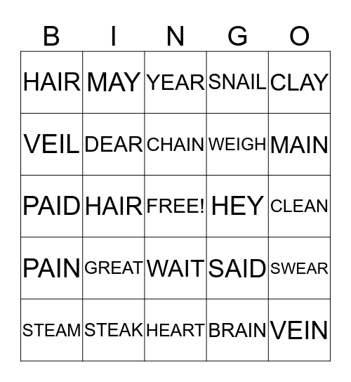 ea, ey, ei, ay, ai Bingo Card