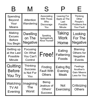 Common Destructive Habits Bingo Card