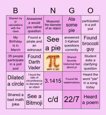 Pi Day Bingo Card