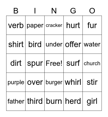 Mrs. Kaye Letter Sounds for -ir, ur, and er Bingo Card