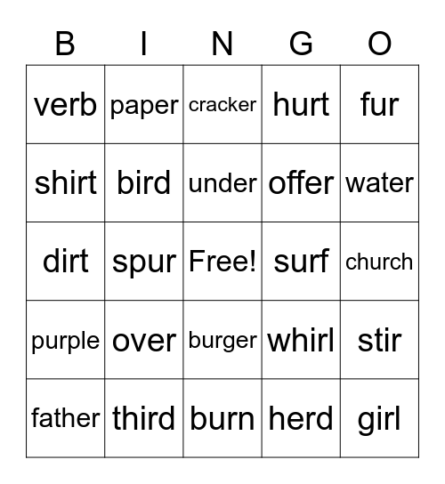 Mrs. Kaye Letter Sounds for -ir, ur, and er Bingo Card