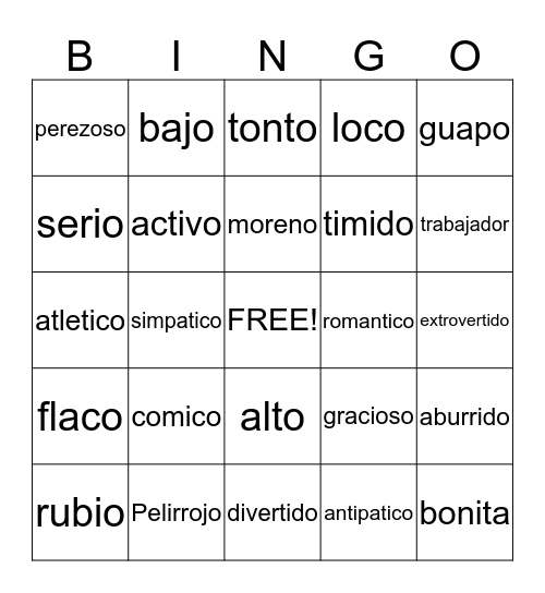 Physical Descriptions  Bingo Card