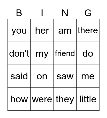 Sight Words Bingo Card