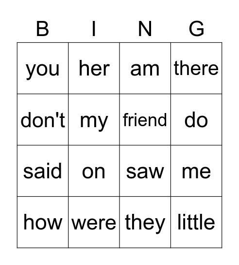 Sight Words Bingo Card