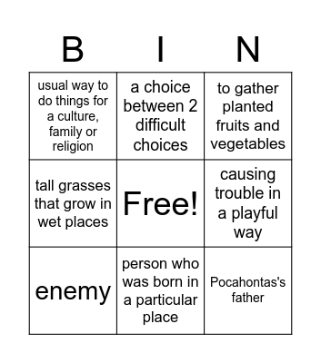 Tsenacomoco Bingo Card