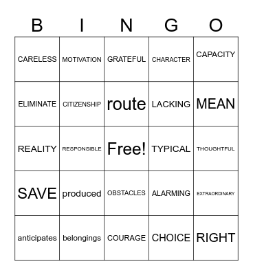 Vocabulary Bingo Card