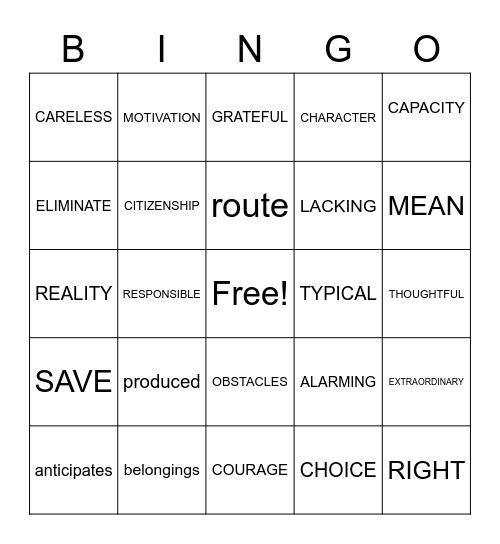 Vocabulary Bingo Card