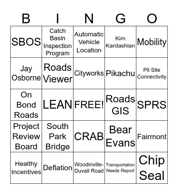 Road Services Division Bingo Card