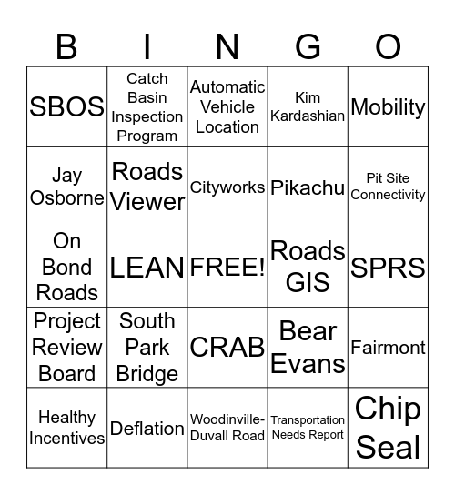 Road Services Division Bingo Card