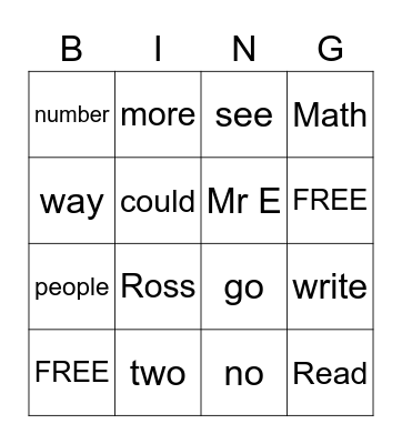 Spelling Word Bingo Card