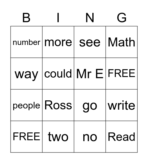 Spelling Word Bingo Card