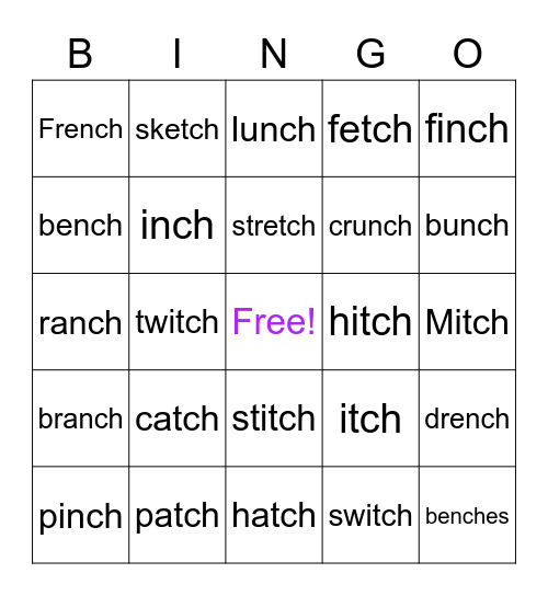 -tch and -nch endings Bingo Card