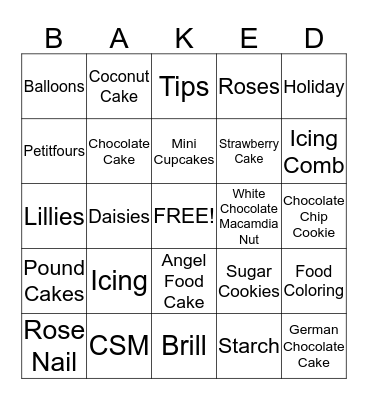 Bakery Bingo Card