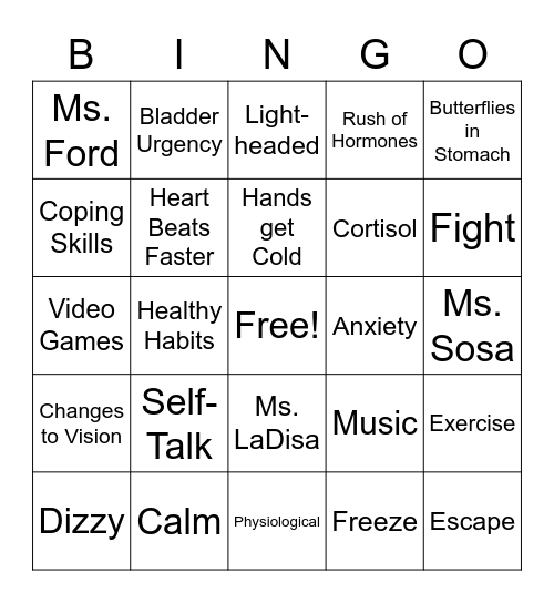 Stress Management Bingo Card