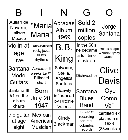 Carlos Santana Bingo Card