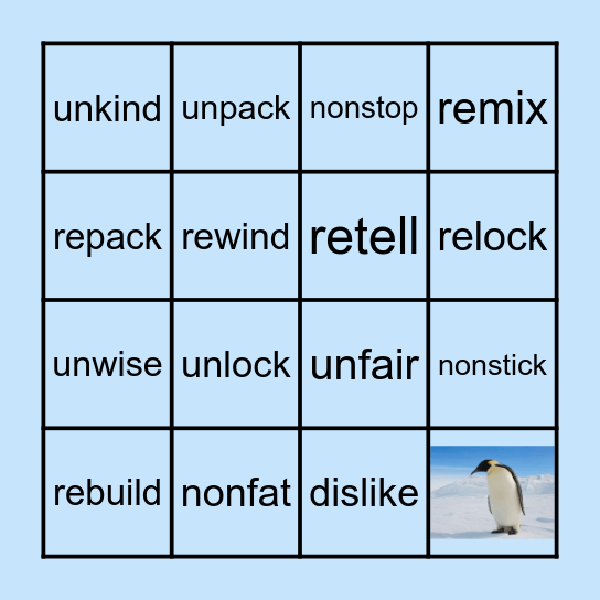 Prefix (dis-, un-, non-, re-) Bingo Card