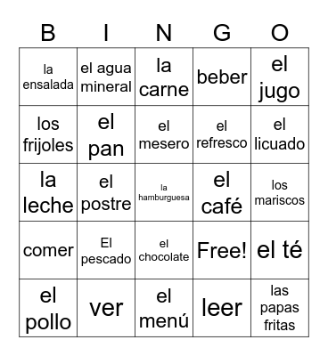 Vocabulario de comida Bingo Card