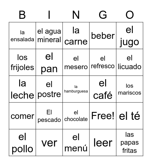 Vocabulario de comida Bingo Card