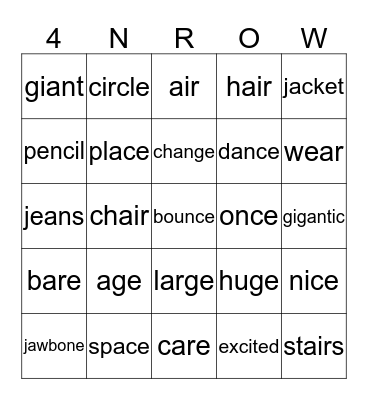 Spelling Words Bingo Card