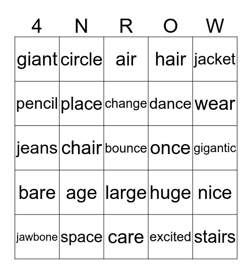 Spelling Words Bingo Card