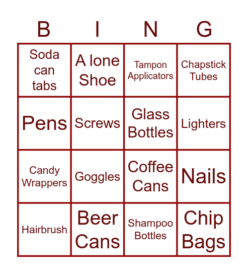 Camp Foss Trash Bingo Card