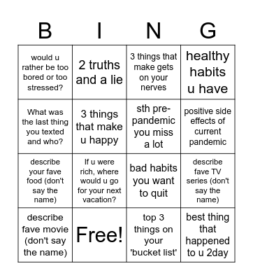 Conversation topics Bingo Card