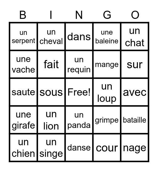 Les animaux Bingo Card