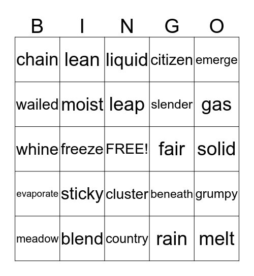 Vocabulary Bingo Card