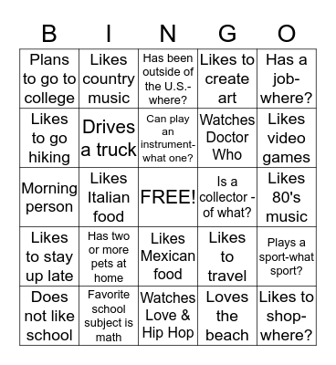 Classroom Bingo Card