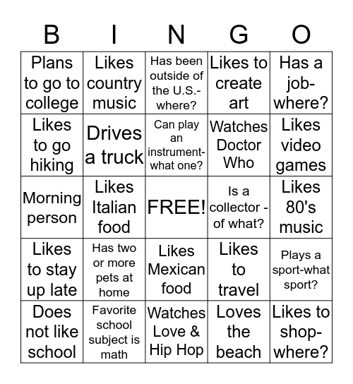 Classroom Bingo Card