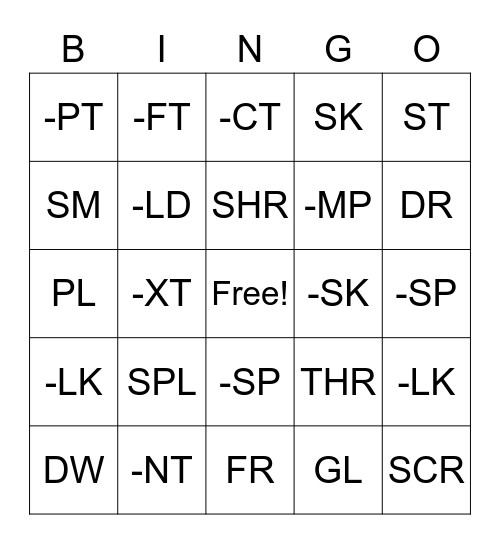 Practice with All Blends Bingo Card