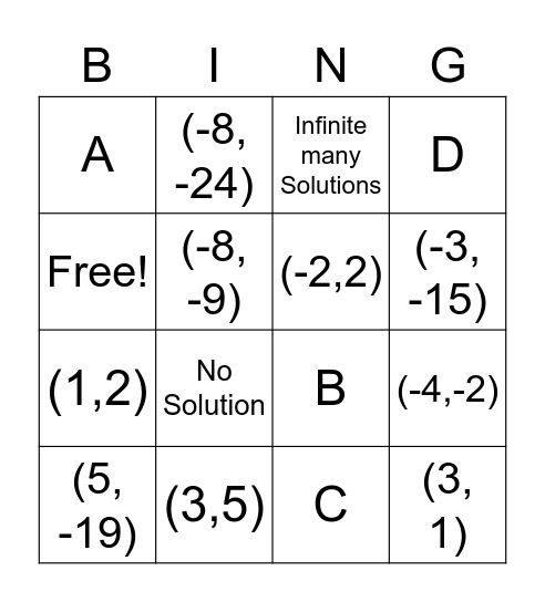 Solving Systems - Subsitution Bingo Card