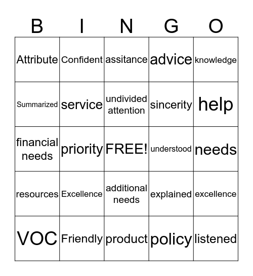 Service Excellence Bingo Card