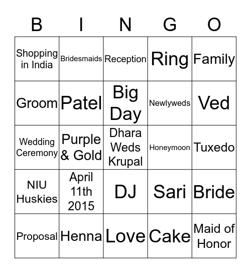 Dhara's Bridal Shower  Bingo Card