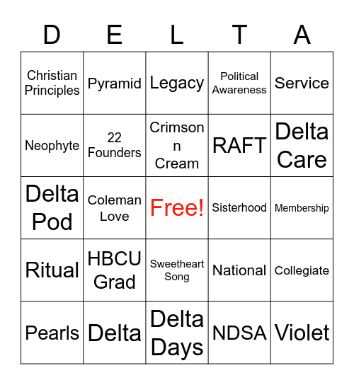 Delta Pod Sisterhood Month Delta Bingo Card