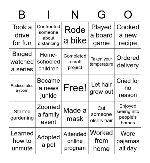 Pandemic Pangs Bingo Card