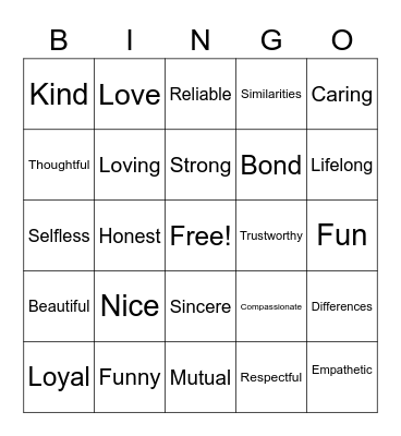 Friendship Bingo Card