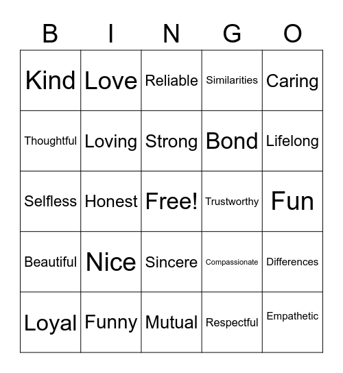 Friendship Bingo Card